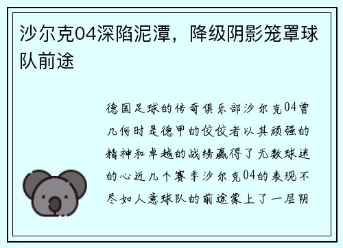 沙尔克04深陷泥潭，降级阴影笼罩球队前途
